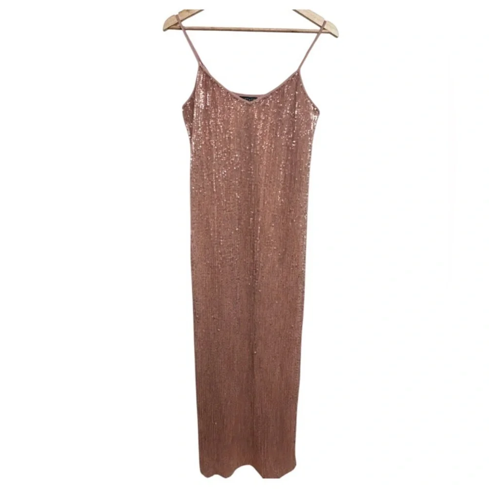 1. STATE Dramatic Pause Lustre Sequin Midi Slip Dress Pink Rose Gold Nude Sz Sm